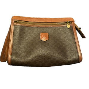 Celine Brown Clutch with Textured Fabric and Gold Zipper